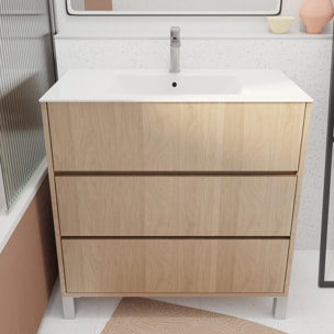 Pack Meuble Salle de Bains 80 cm Chêne Clair, 3 tiroirs avec Vasque Céramique - XENOS
