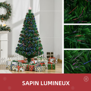 Sapin de Noël artificiel lumineux fibre optique multicolore + support pied Ø 75 x 150H cm 180 branches étoile sommet brillante vert