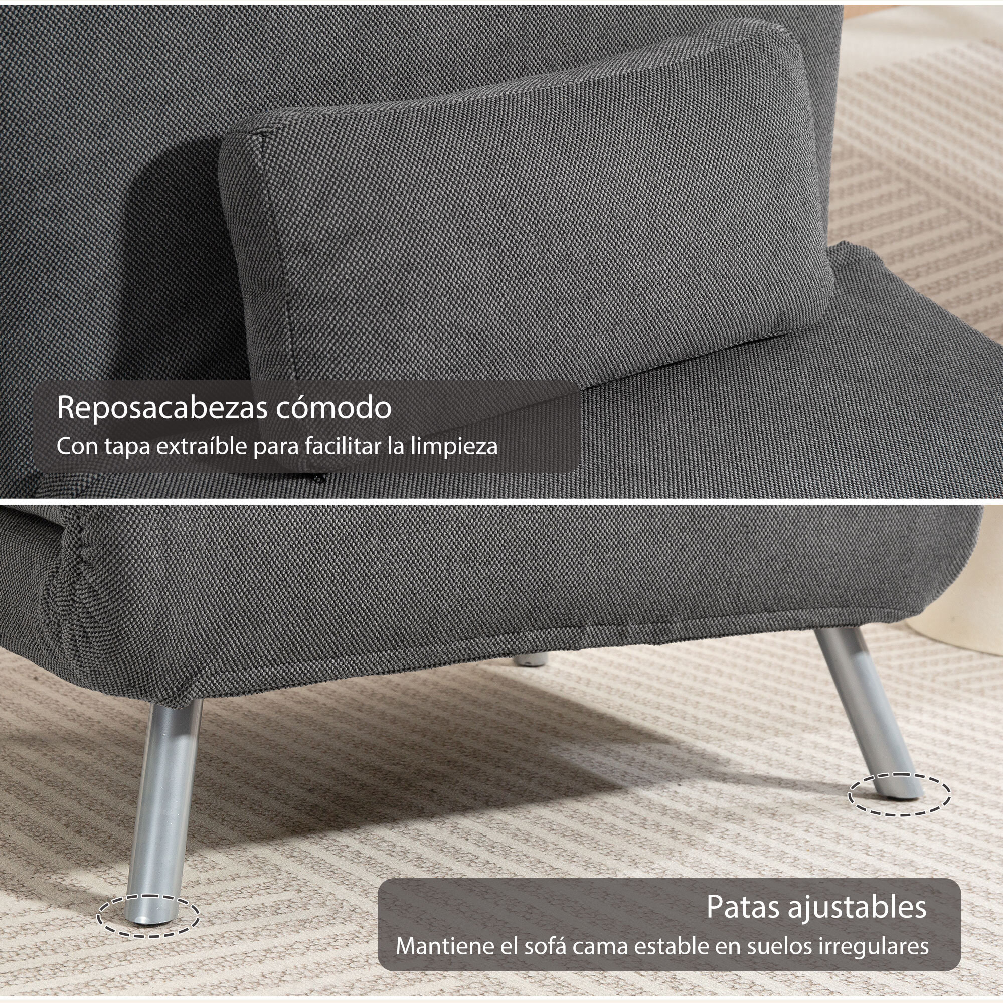 Sofá Cama de 1 Plazas 3 en 1 Sillón Cama Plegable Tapizado en Chenilla con Respaldo Ajustable de 5 Niveles y Almohada Acolchada para Oficina Dormitorio Salón 80x75x83 cm Negro