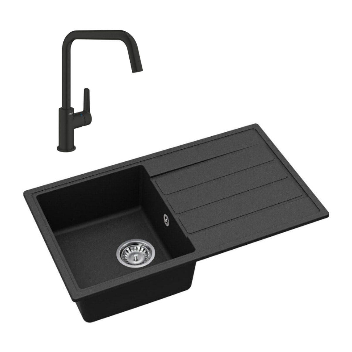 76x44 cm évier avec égouttoir réversible en Granite, à encastrer, noir + mitigeur lavabo/cuisine Grohe Start (SATSE3BG430)
