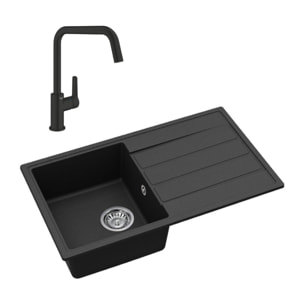 76x44 cm évier avec égouttoir réversible en Granite, à encastrer, noir + mitigeur lavabo/cuisine Grohe Start (SATSE3BG430)