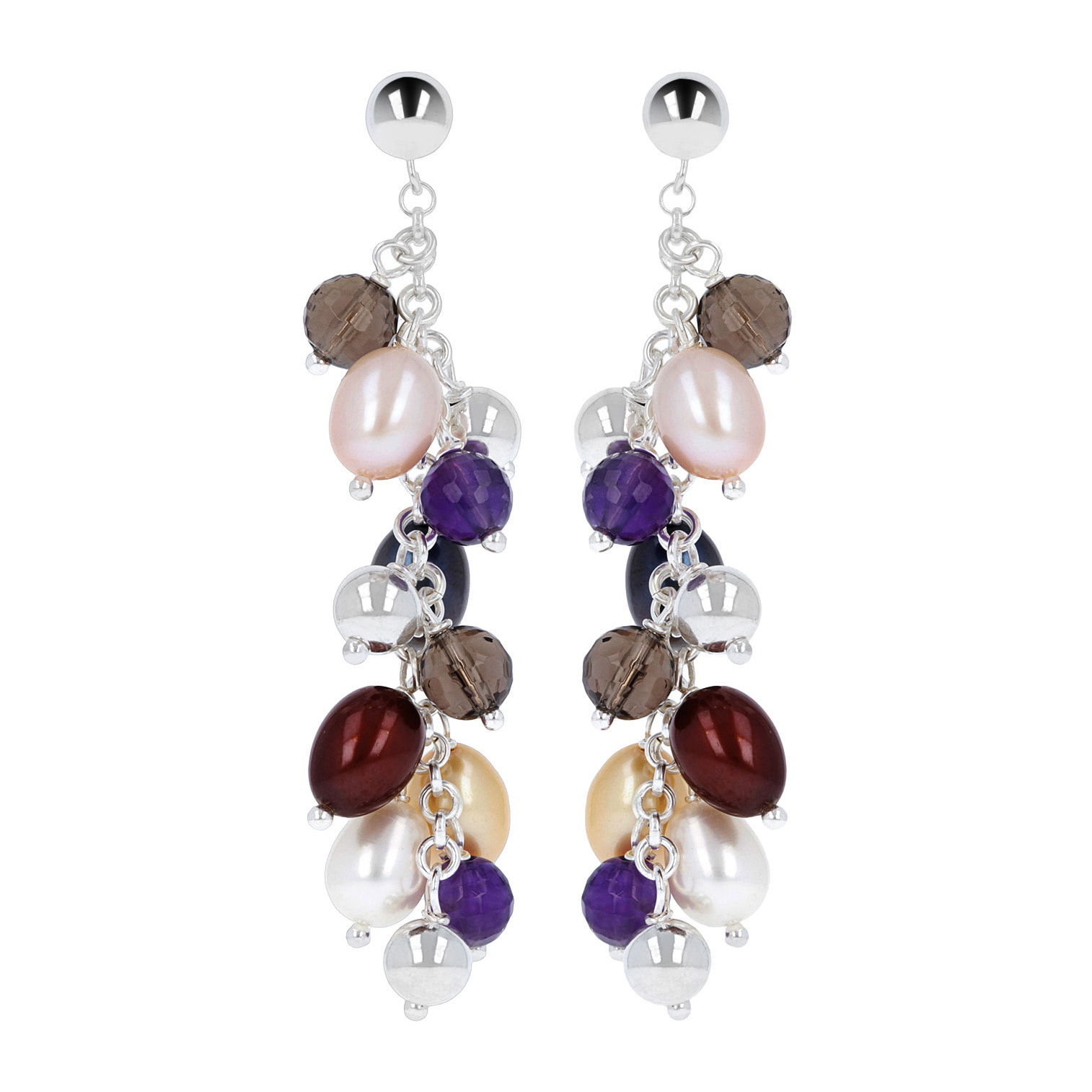 PERLAVIVA - Orecchini Pendenti in Argento 925 con Quarzo, Ametista e Perle Multicolore d'Acqua Dolce Ø7/8mm