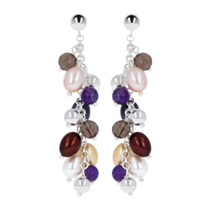 PERLAVIVA - Orecchini Pendenti in Argento 925 con Quarzo, Ametista e Perle Multicolore d'Acqua Dolce Ø7/8mm
