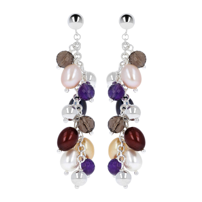 PERLAVIVA - Orecchini Pendenti in Argento 925 con Quarzo, Ametista e Perle Multicolore d'Acqua Dolce Ø7/8mm