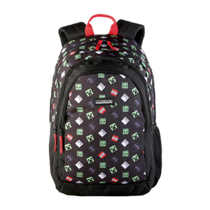 Minecraft TNT mochila primaria doble compartimento + carro  con protección lateral y stoper frontal, 4 ruedas multidireccionales.