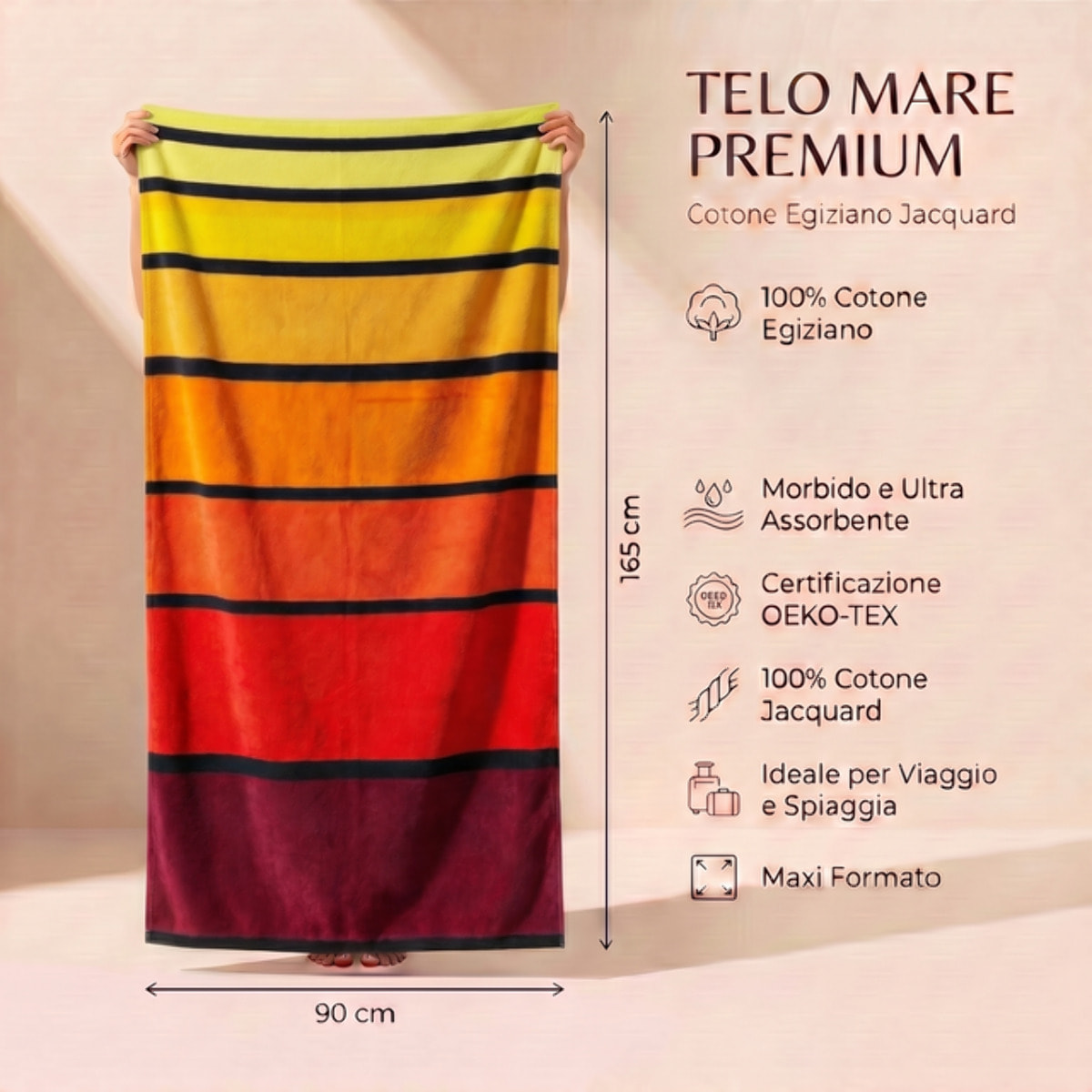 Telo mare in spugna jacquard, 90x165 cm, 100% cotone egiziano, morbido e super assorbente, asciugamano spiaggia grande a righe multicolor, resistente e certificato OEKO-TEX, ideale per mare piscina palestra e viaggio