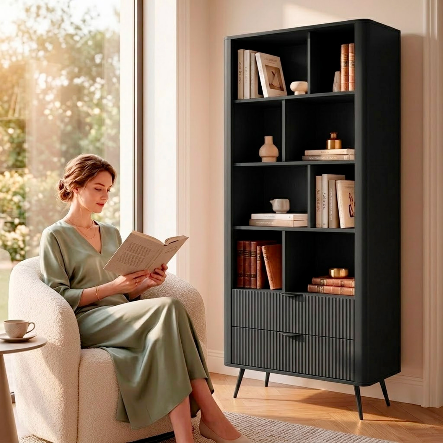 Libreria Moderna a Giorno Con Design Geometrico Asimmetrico Salvaspazio Studio E Ufficio 88.2 x 38 x 193,8 cm Nero