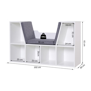 Bibliothèque banc 2 en 1 design contemporain 6 casiers 3 coussins fournis 102L x 30l x 61H cm blanc gris chiné