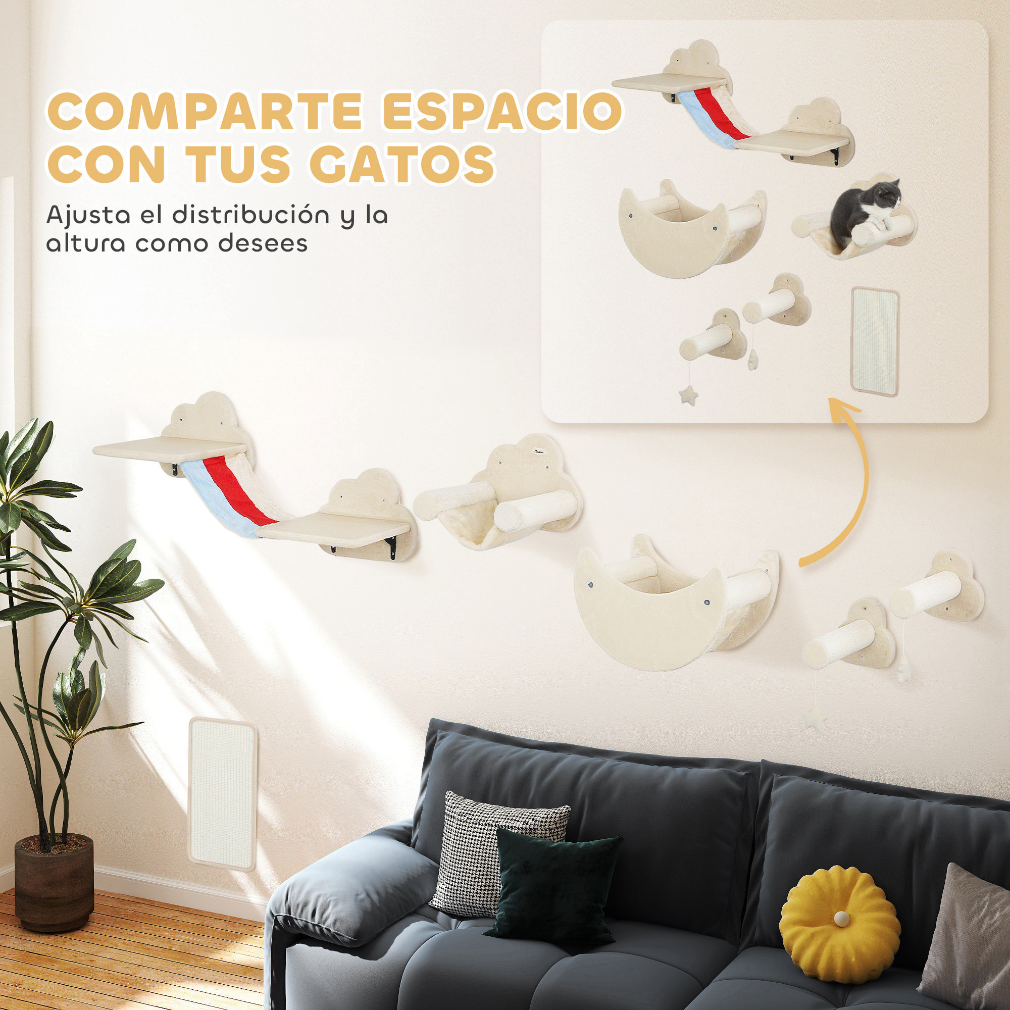 Juego de Pared de Escalada para Gatos de 6 Piezas Tema Cielo Estanterías para Gatos con Hamacas Plataformas Escaleras Tabla Rascador Poste de Sisal Estrellas de Juguete Beige