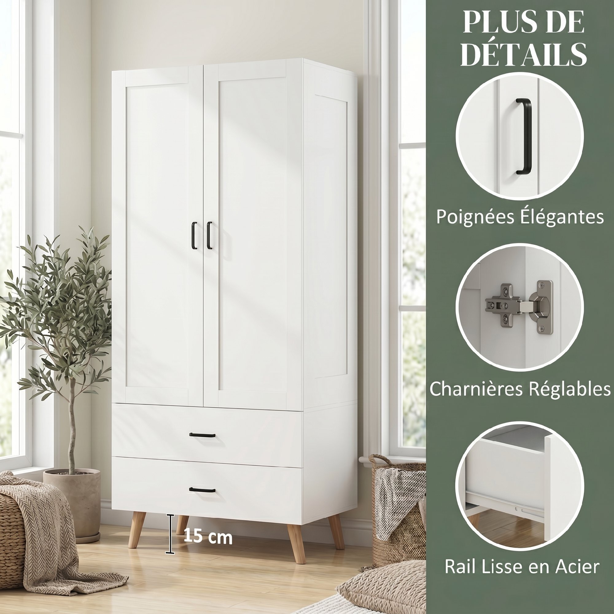 Armoire penderie 2 portes 2 tiroirs et barre de suspension, 80x54x180cm, blanc