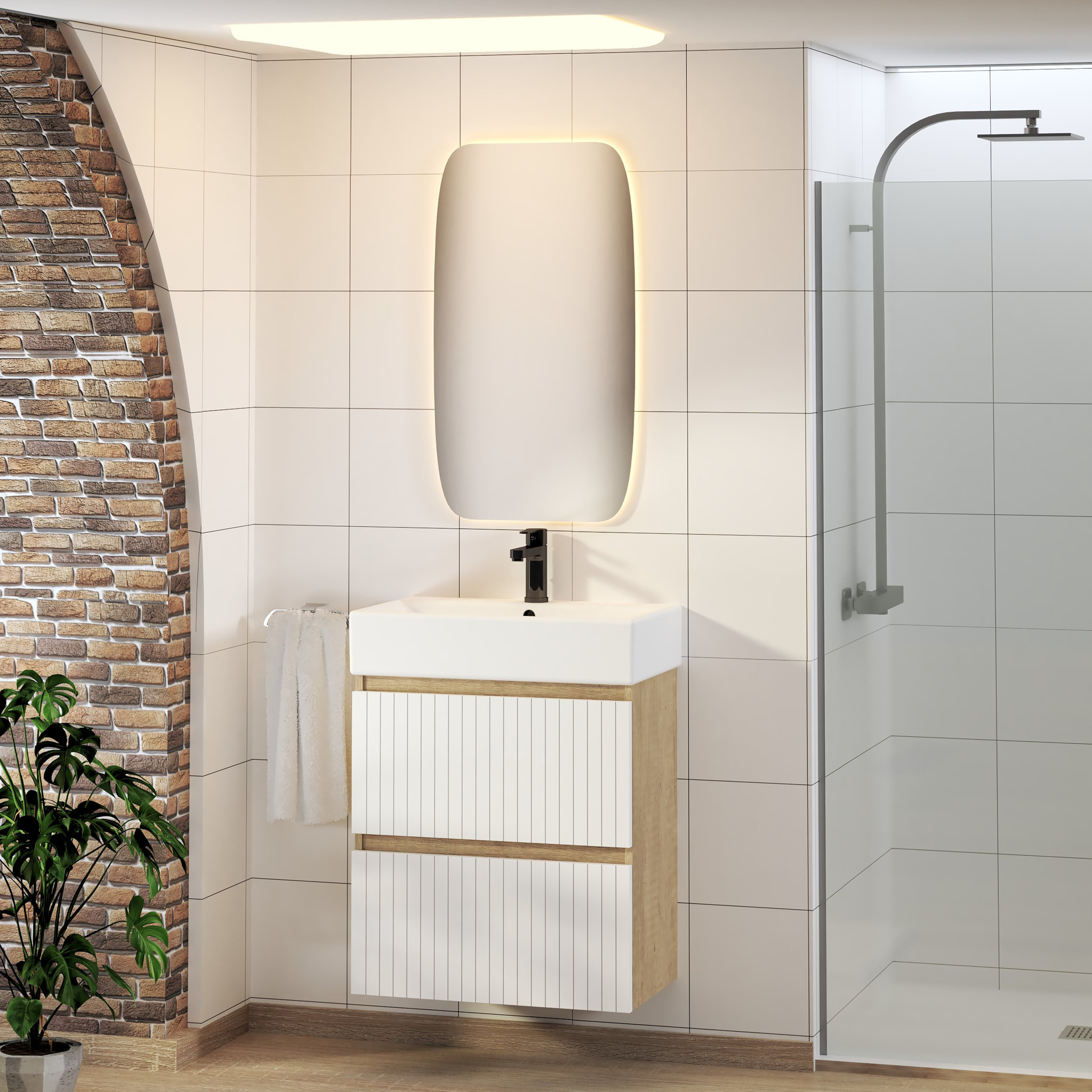 Ensemble de Salle de Bain Zel | Meuble Suspendu | 60 cm Blanc | Deux Tiroirs | Lavabo Encastré | Miroir non inclus | Meuble Monté | Alday