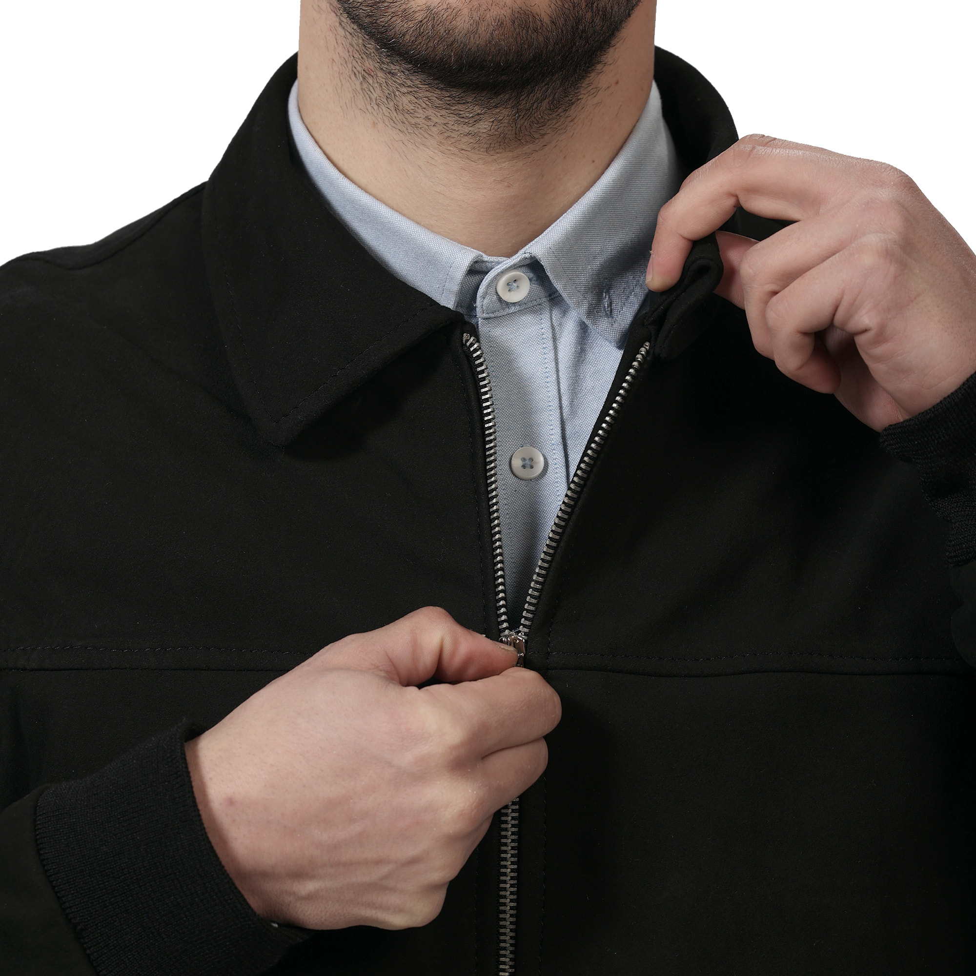 Giubbino in vera pelle di vitello scamosciata Nero-Slim Fit