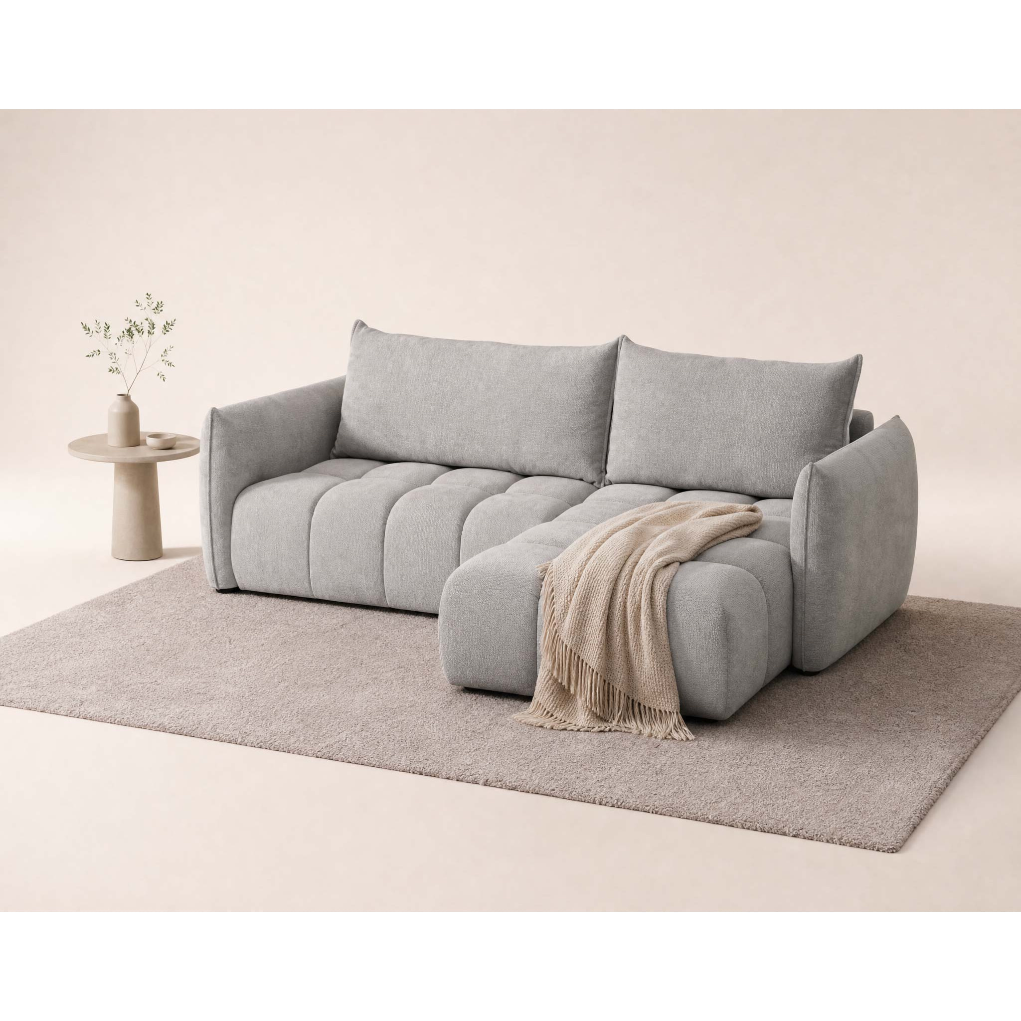 Ambroise - Canapé d'angle droit 4 places convertible avec coffre en velours texturé - Gris clair