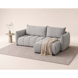 Ambroise - Canapé d'angle droit 4 places convertible avec coffre en velours texturé - Gris clair