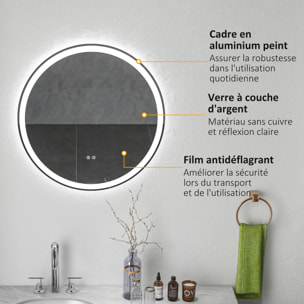 Miroir rond lumineux LED de salle de bain 23 W Ø 70 cm tactile antibuée blanc argent