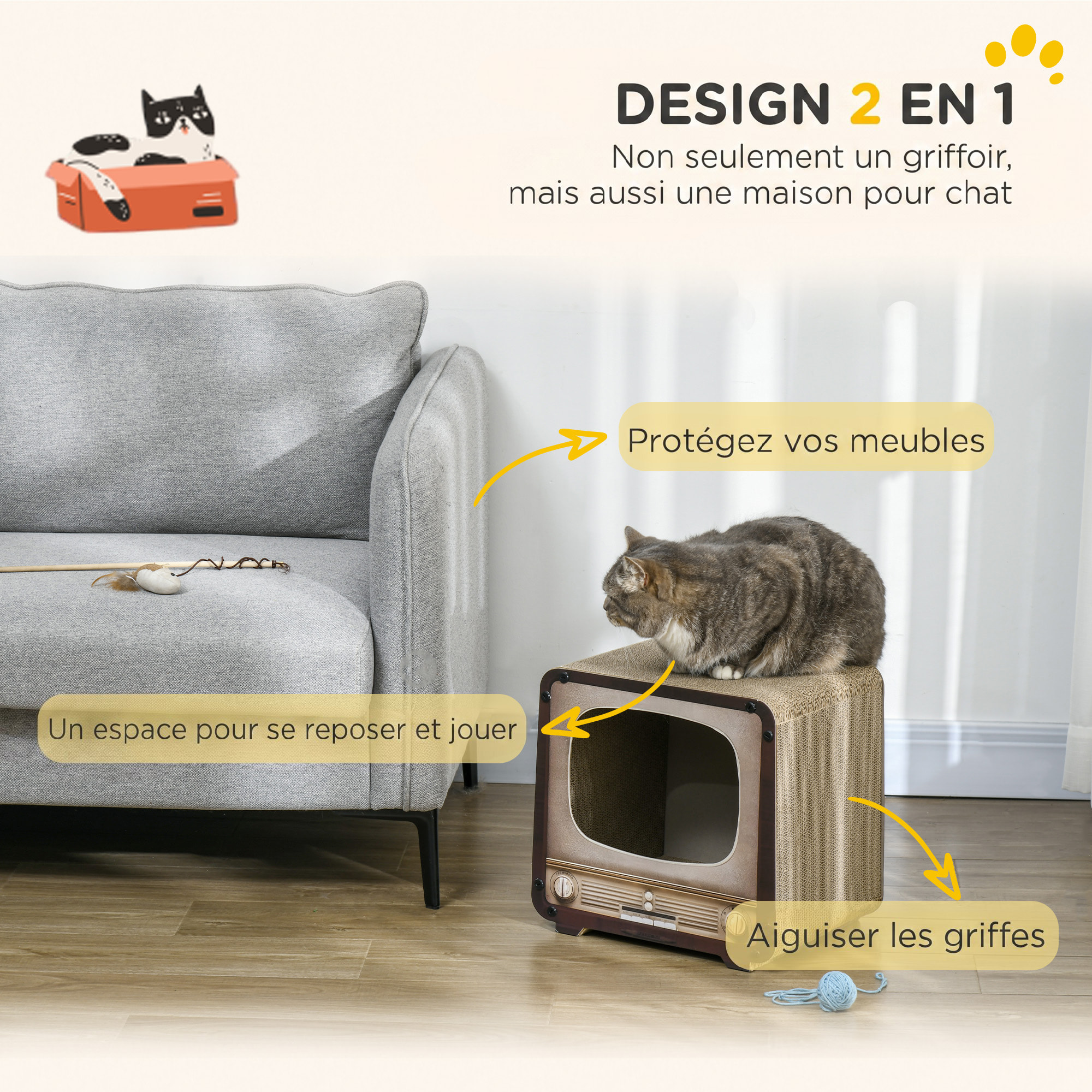 Grattoir niche chat 2 en 1 design télévision vintage 39 x 29 x 37 cm marron