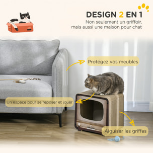 Grattoir niche chat 2 en 1 design télévision vintage 39 x 29 x 37 cm marron
