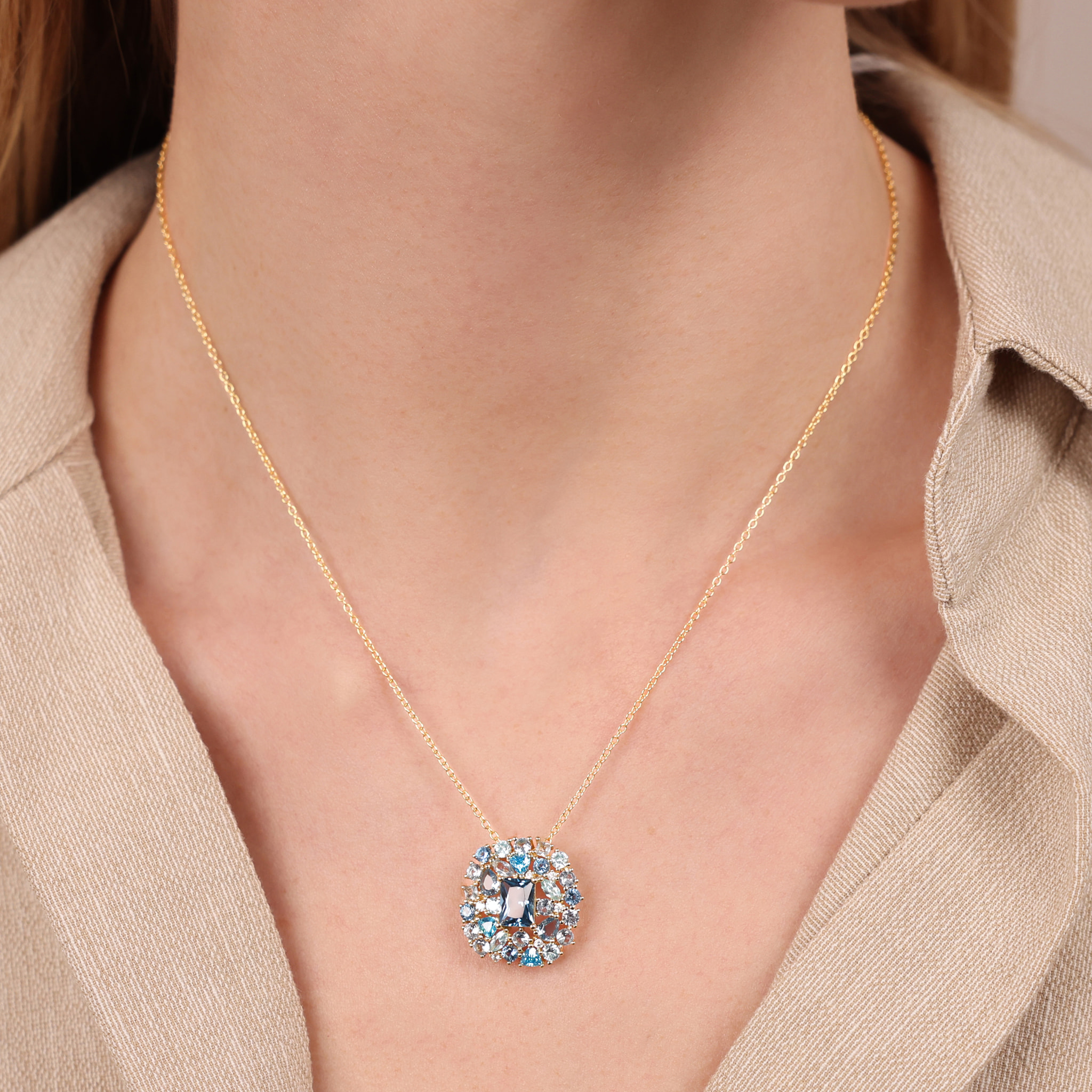 Collana Catena Rolo Golden in Argento 925 con Pendente in Pavé Misto di Cubic Zirconia Azurre Effetto Degradé