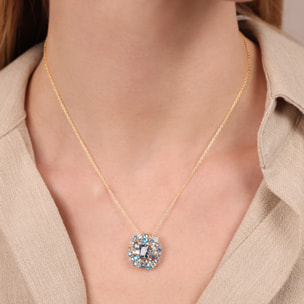 Collana Catena Rolo Golden in Argento 925 con Pendente in Pavé Misto di Cubic Zirconia Azurre Effetto Degradé