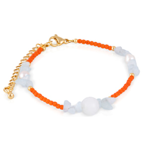 Pulsera de ojo de gato naranja, lapislázuli claro, mármol blanco y perlas naturales con cierre de mosquetón.