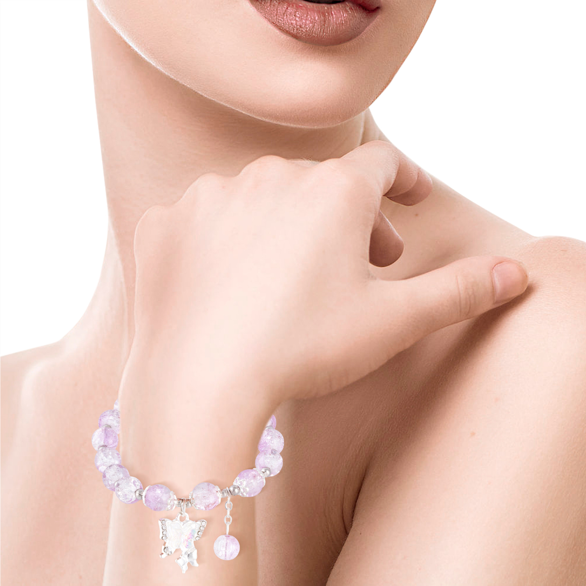 Set de 6 pulseras elásticas con cuentas de cristal y diseños amarillo, rosa, negro, azul, morado y multicolor.