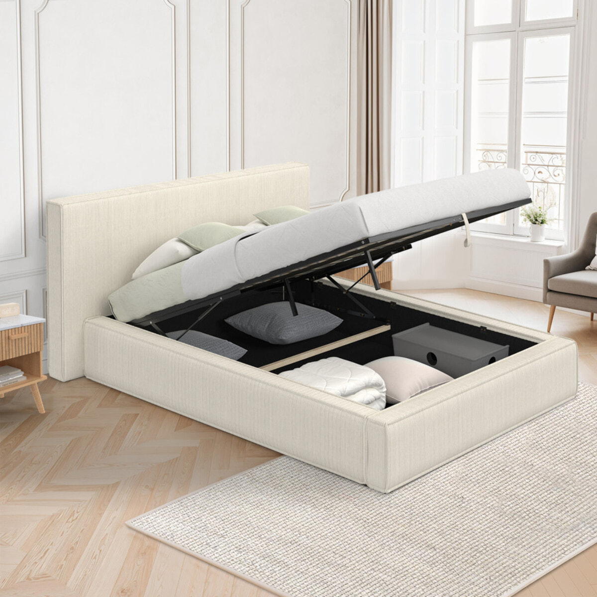 Lit coffre Joyce 140x190cm velours côtelé beige