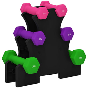 Juego de Mancuernas 2 x1kg 2 x2kg 2 x3kg Set de Mancuernas Hexagonal con Soporte de Almacenamiento para Ejercicio Entrenamiento en Casa Gimnasio Multicolor