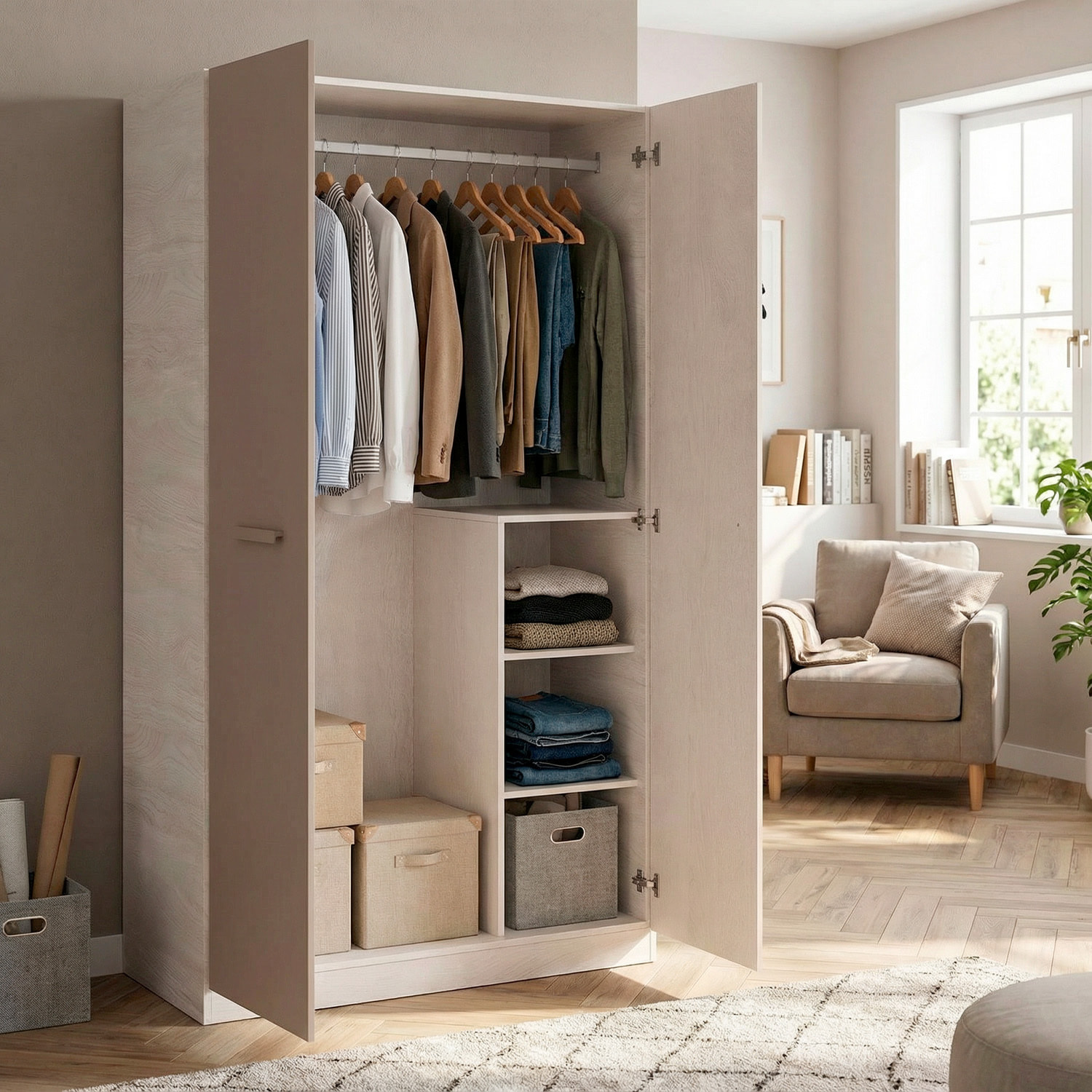 Armadio 2 Ante Battenti Barra Appendiabiti E 4 Scomparti Design Moderno Minimal Giovanile Per Cameretta 90 x 200 x 52 Cm Colore Beige E Rovere