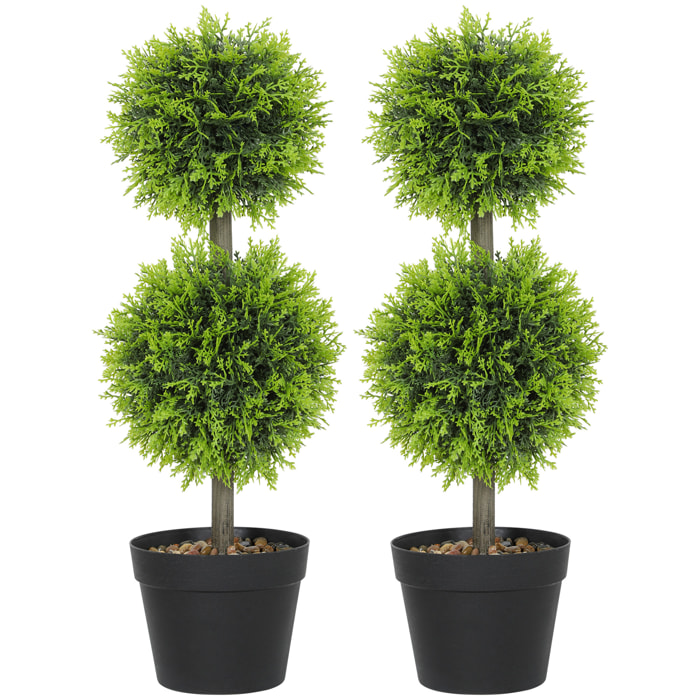 Lot de 2 cyprès artificiels topiaires en forme de boules x 2 H.60cm avec pots