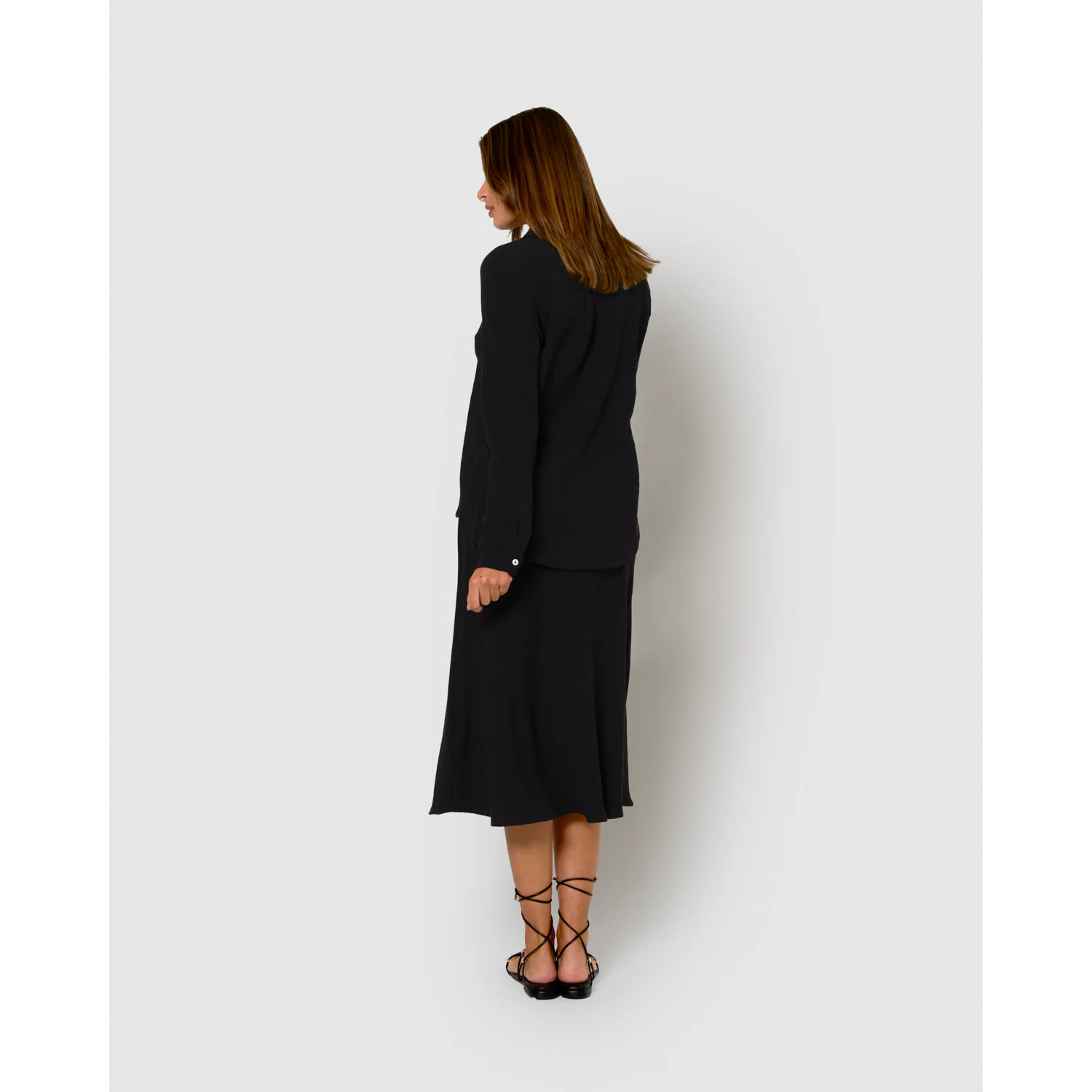 Falda midi evasé algodón lino negro