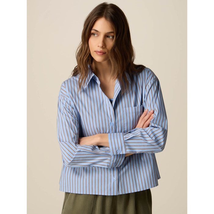Oltre - Camicia boxy in popeline a righe - Azzurro