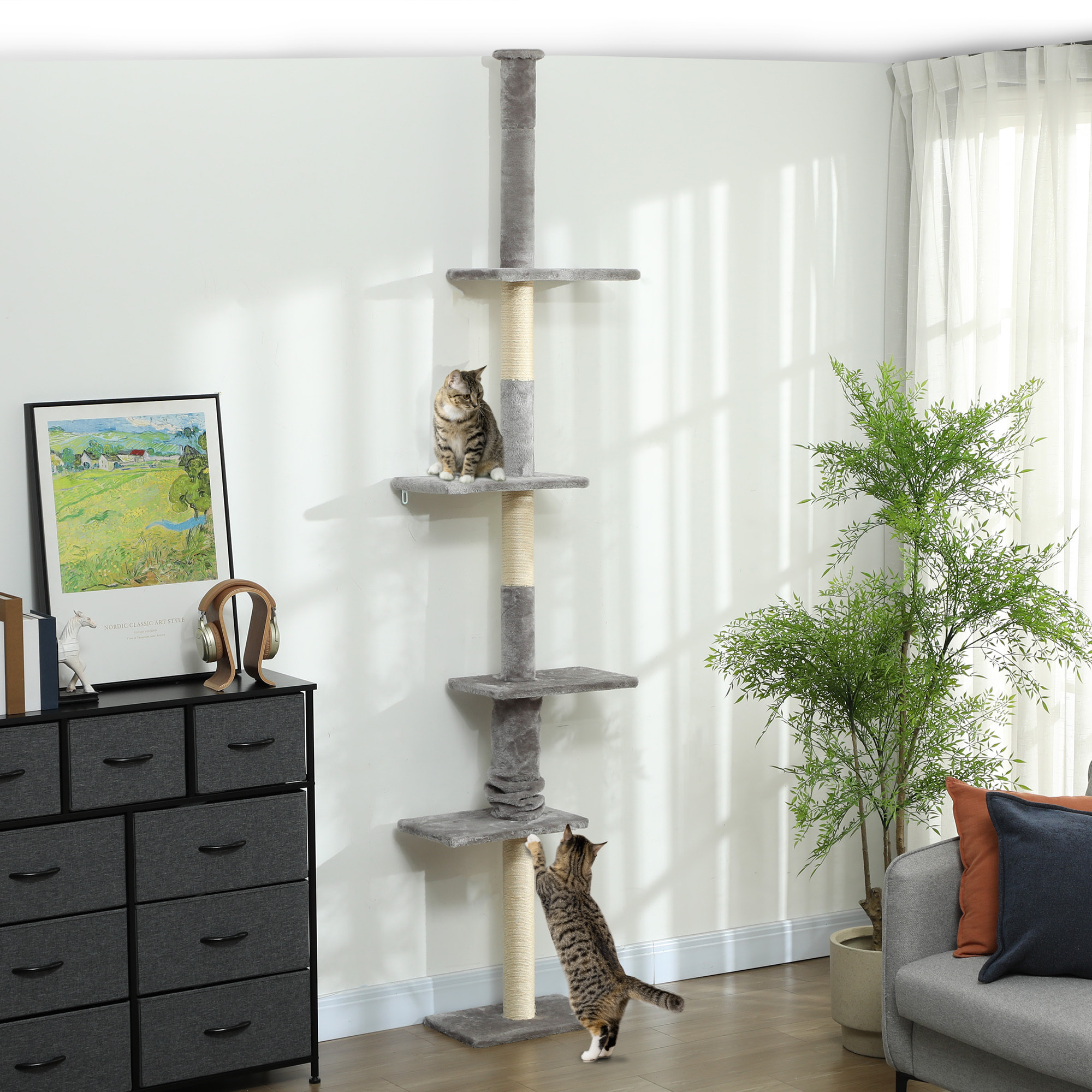 Árbol para Gatos de Suelo a Techo 225-275 cm Árbol Rascador para Gatos Torre para Gatos con Múltiples Plataformas Sistema de Antivuelco Gris Claro