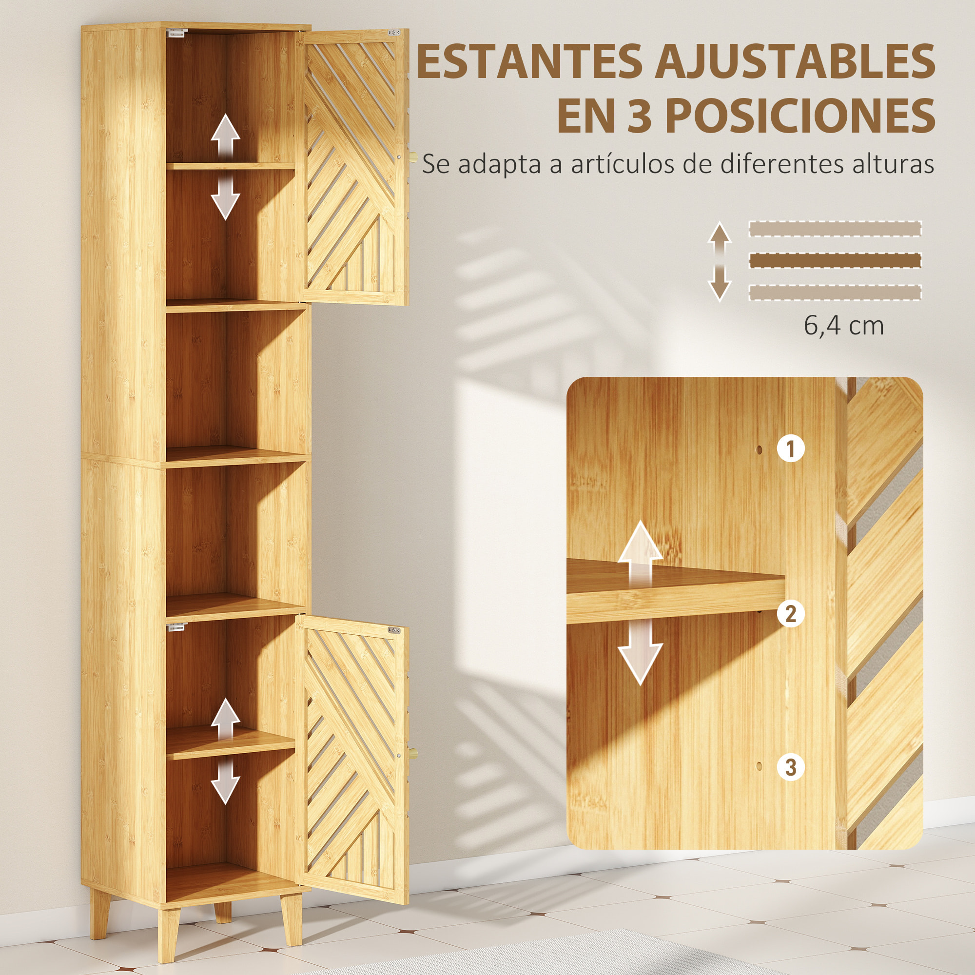 Armario de Baño Alto Columna de Baño Estrecha con Puertas y Patas de Bambú Estantes Ajustables Compartimento Abierto 32x30x170 cm Natural