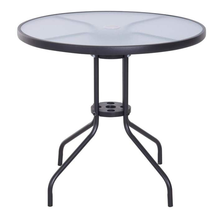 Table ronde bistro de jardin dim. Ø 80 x 72H cm espace installation parasol acier époxy noir plateau verre trempé