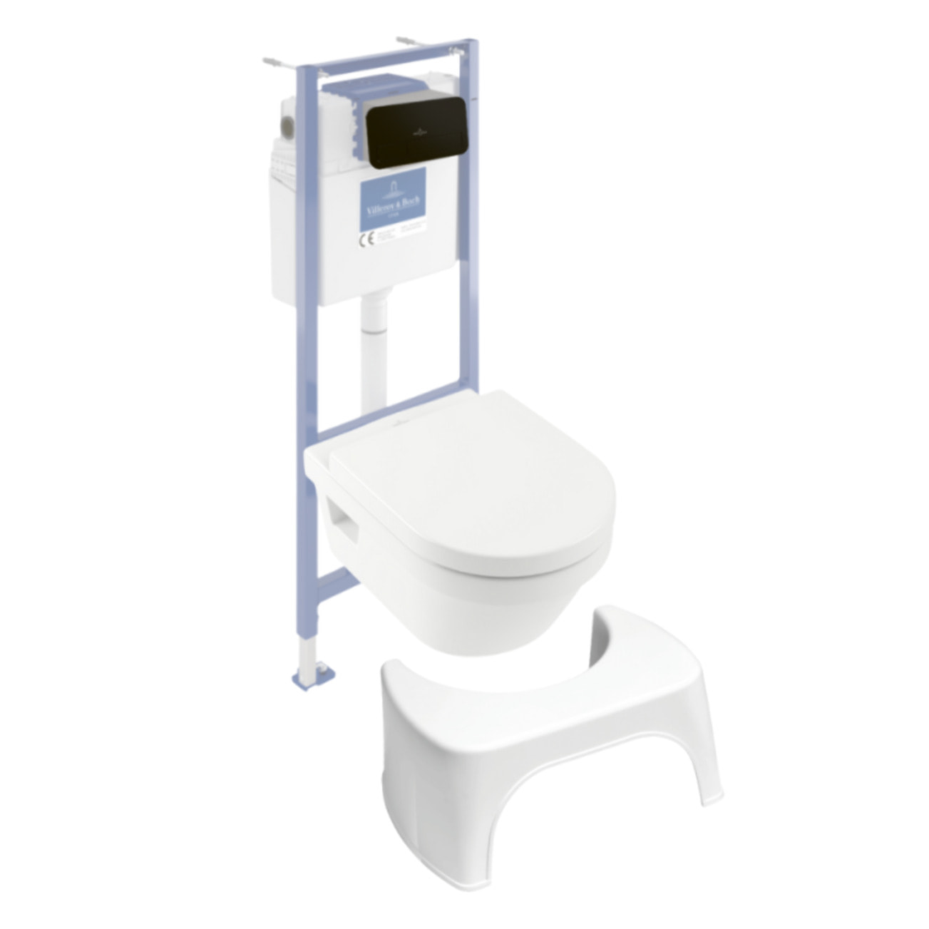 Pack WC sans bride Architectura avec abattant + bâti-support sol et mur Viconnect PRO + plaque noir mat  + Tabouret blanc
