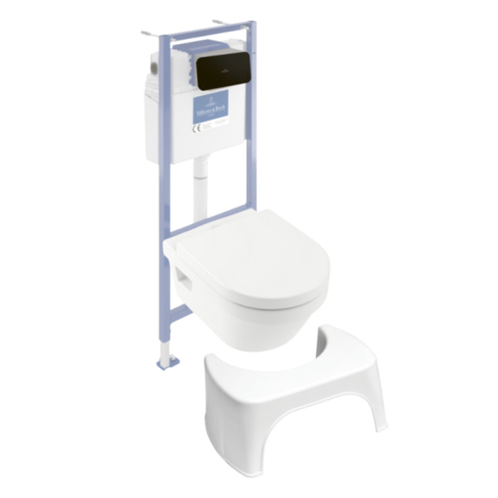 Pack WC sans bride Architectura avec abattant + bâti-support sol et mur Viconnect PRO + plaque noir mat  + Tabouret blanc
