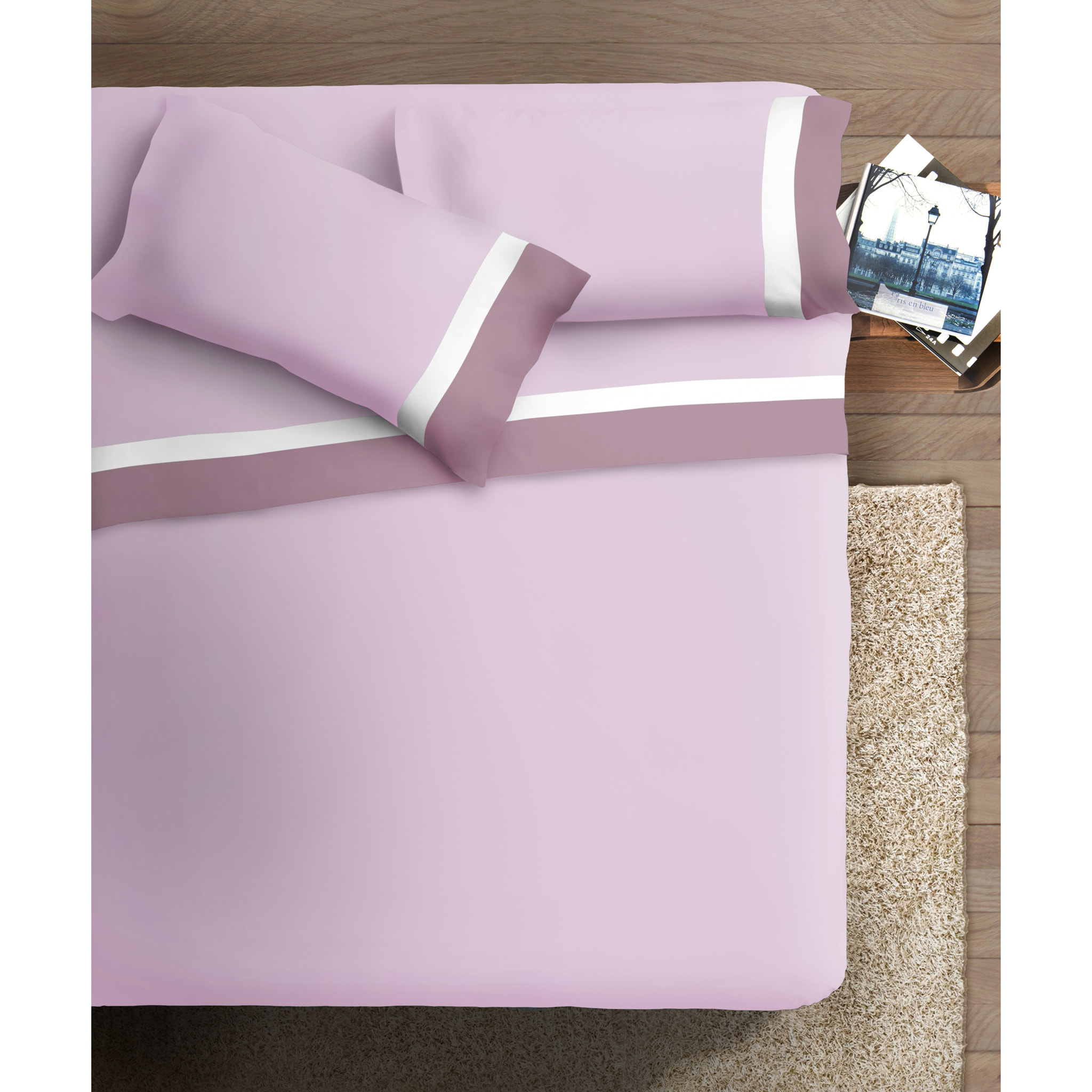 Completo letto doppia balza RASO IPERSAN Puro Cotone Malva/Bianco fondo Rosa