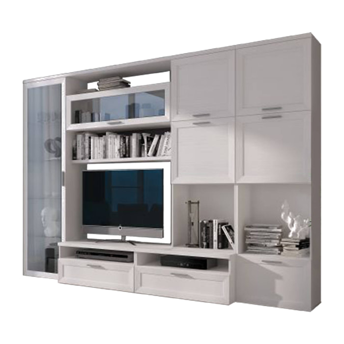 Parete da soggiorno con base porta TV e pensili con ante e vani aperti, cm 300 x 50 x 215, colore Bianco frassinato