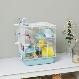 Cage rongeur hamster 3 niveaux cabane roue tunnel toboggan biberon mangeoire 34 x 27 x 41 cm blanc bleu