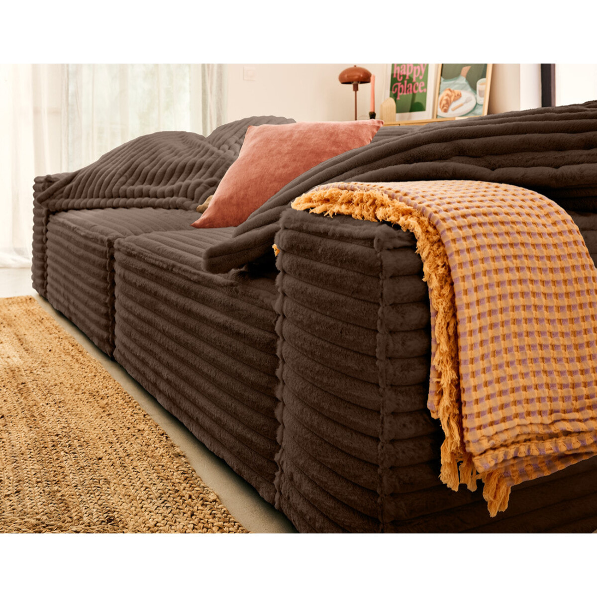 Richie - canapé droit 3 places avec double méridienne - assise profonde - en fausse fourrure côtelée - Marron