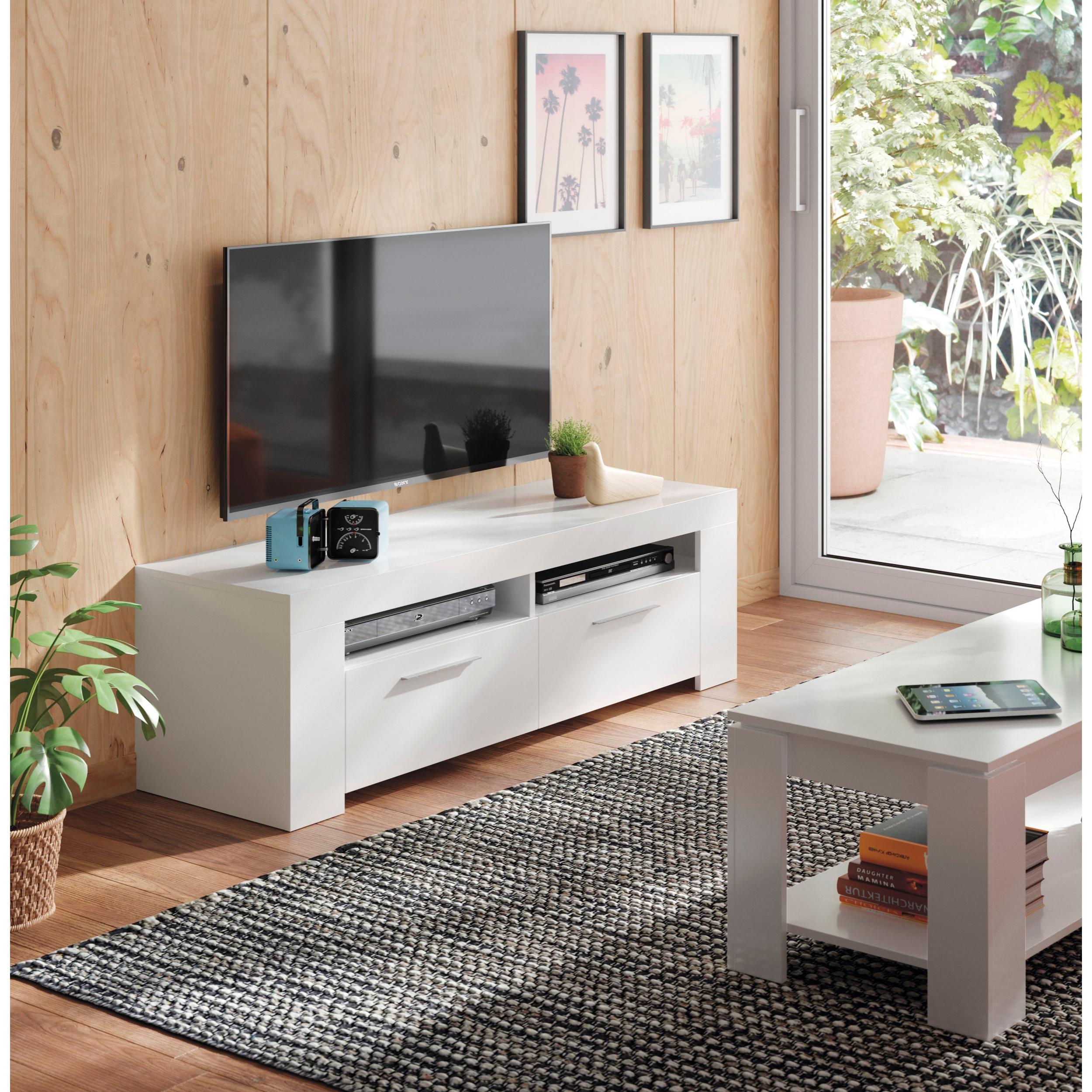 Mobile porta TV Stamford, Credenza per televisione da soggiorno, Supporto TV a 2 ante, Credenza bassa da salotto, cm 120x42h40, Bianco lucido