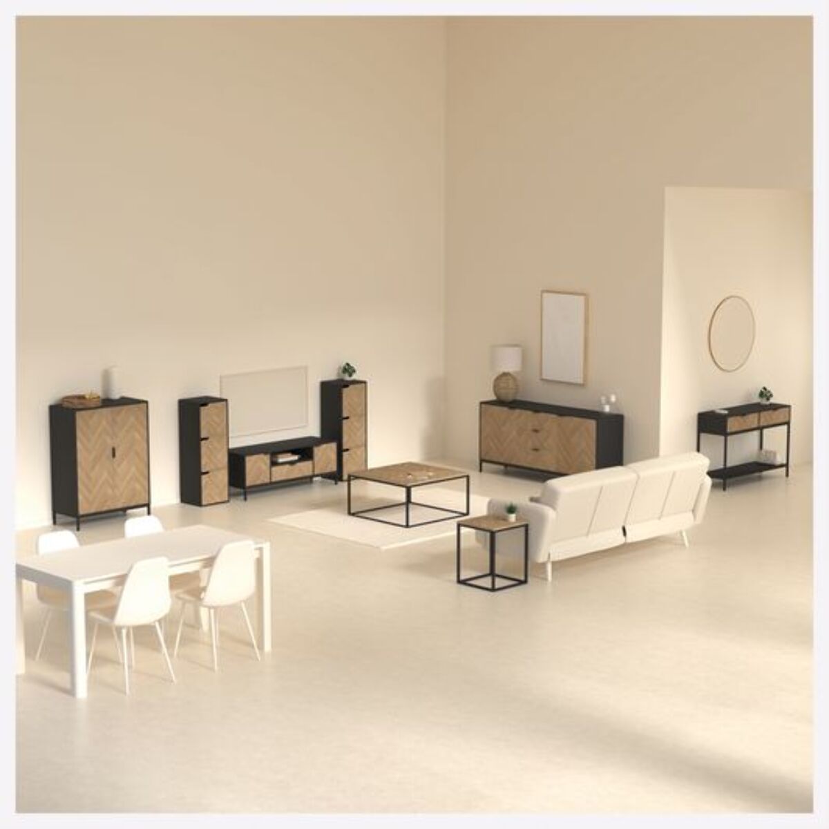 Meuble TV "Chevrons" 3 portes effet bois et noir 120x40cm