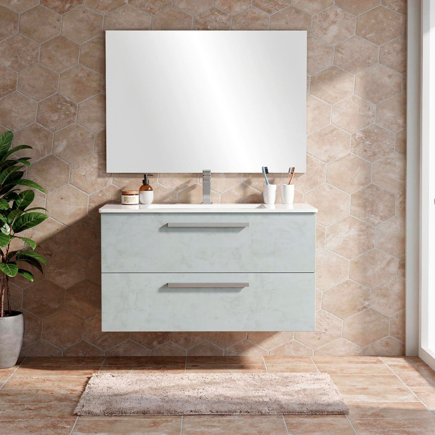 Mobile Mobiletto Bagno Sospeso Con 2 Cassettoni Soft Close Con Lavabo In Ceramica Specchio E Led Da 30 Cm 57 x 80 x 45 Cm Colore Grigio Cemento