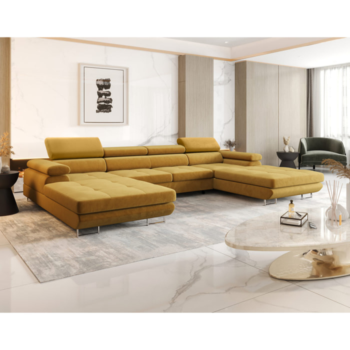 Ayden - Canapé panoramique en U 7 places convertible avec coffre et têtières réglables en tissu - Jaune