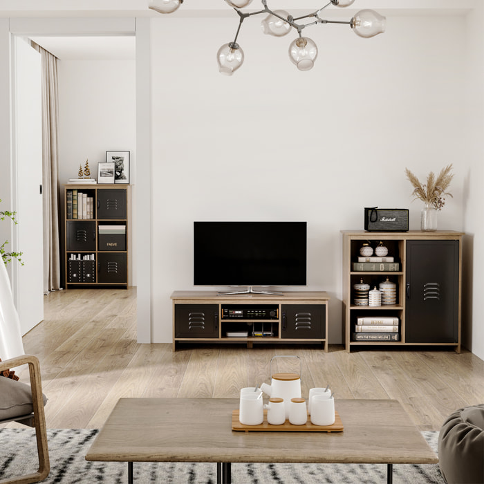Buffet design industriel - meuble de rangement 3 niches placard - effet bois métal noir