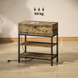 Mesa Auxiliar con Estación de Carga Mesita Auxiliar Industrial con Cajón y Estantes Abiertos Mesa Auxiliar para Salón Dormitorio Marrón Rústico