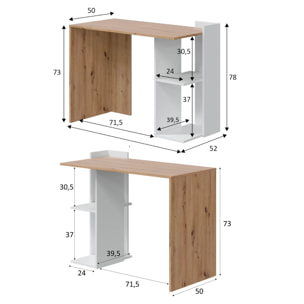 Scrivania Tucson, Scrittoio multifunzione reversibile multiposizione, Tavolo da studio o ufficio porta PC con scaffale e ripiani, 100x52h78 cm, Bianco e Rovere nodi