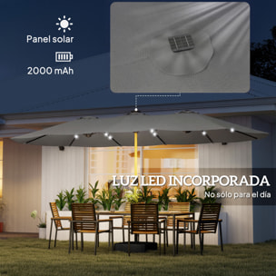 Sombrilla Doble con 48 Luces LED, 4,6x2,6 m, Sombrilla Terraza Exterior con Base Incluida, Manivela, Sacos Arena, Funda, Anti-UV, Resistente al Agua, Parasol para Jardín, Terraza, Gris