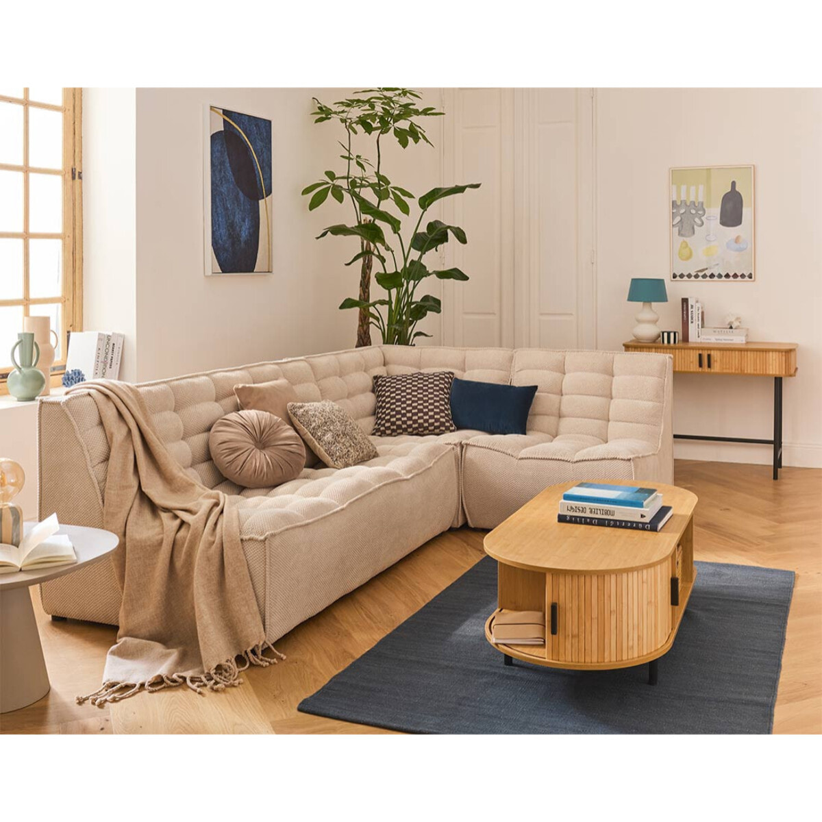 Ellie - canapé modulable d'angle réversible 4 places en velours texturé - Beige