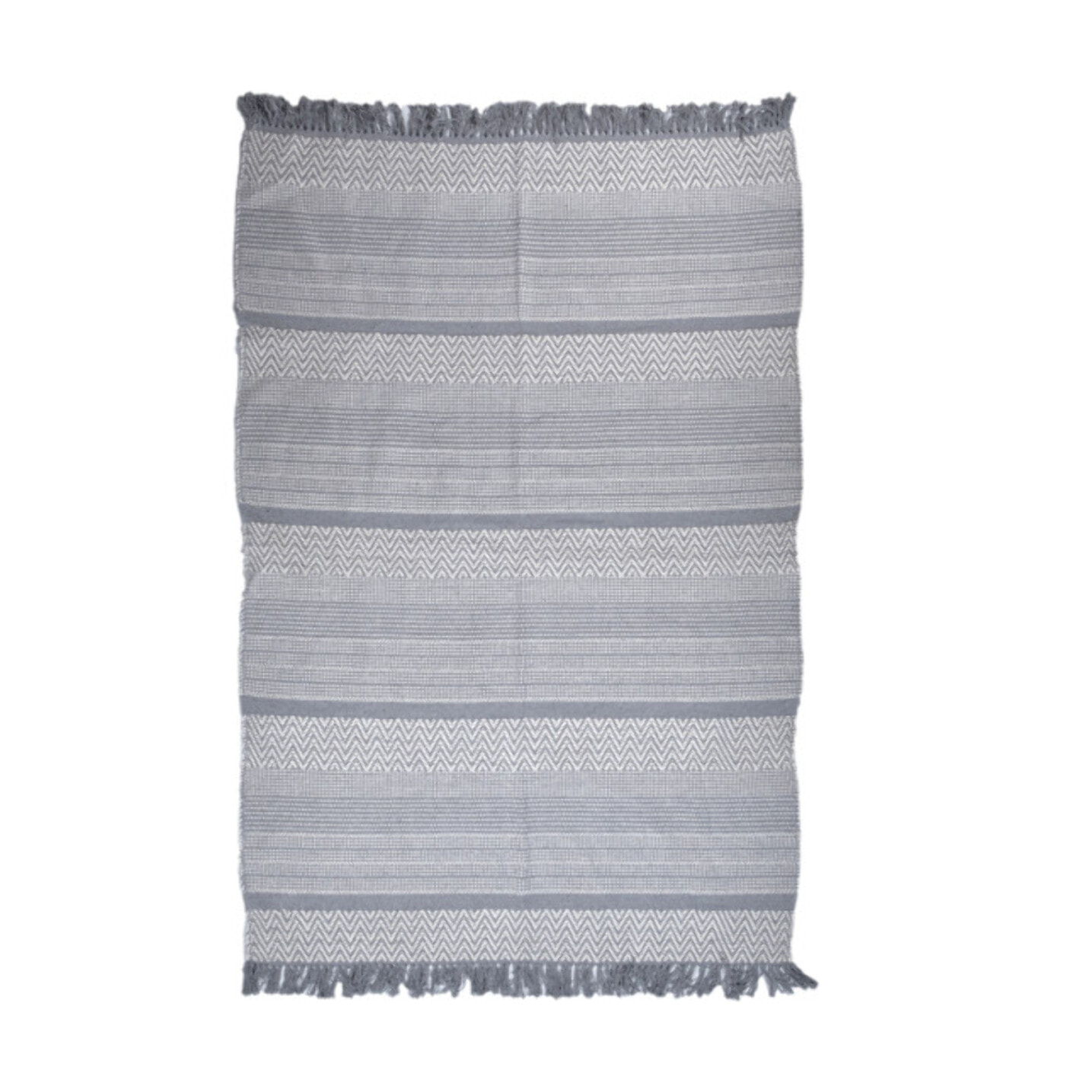 Tapis en coton brodé lignes et chevrons gris clair avec franges - MINA
